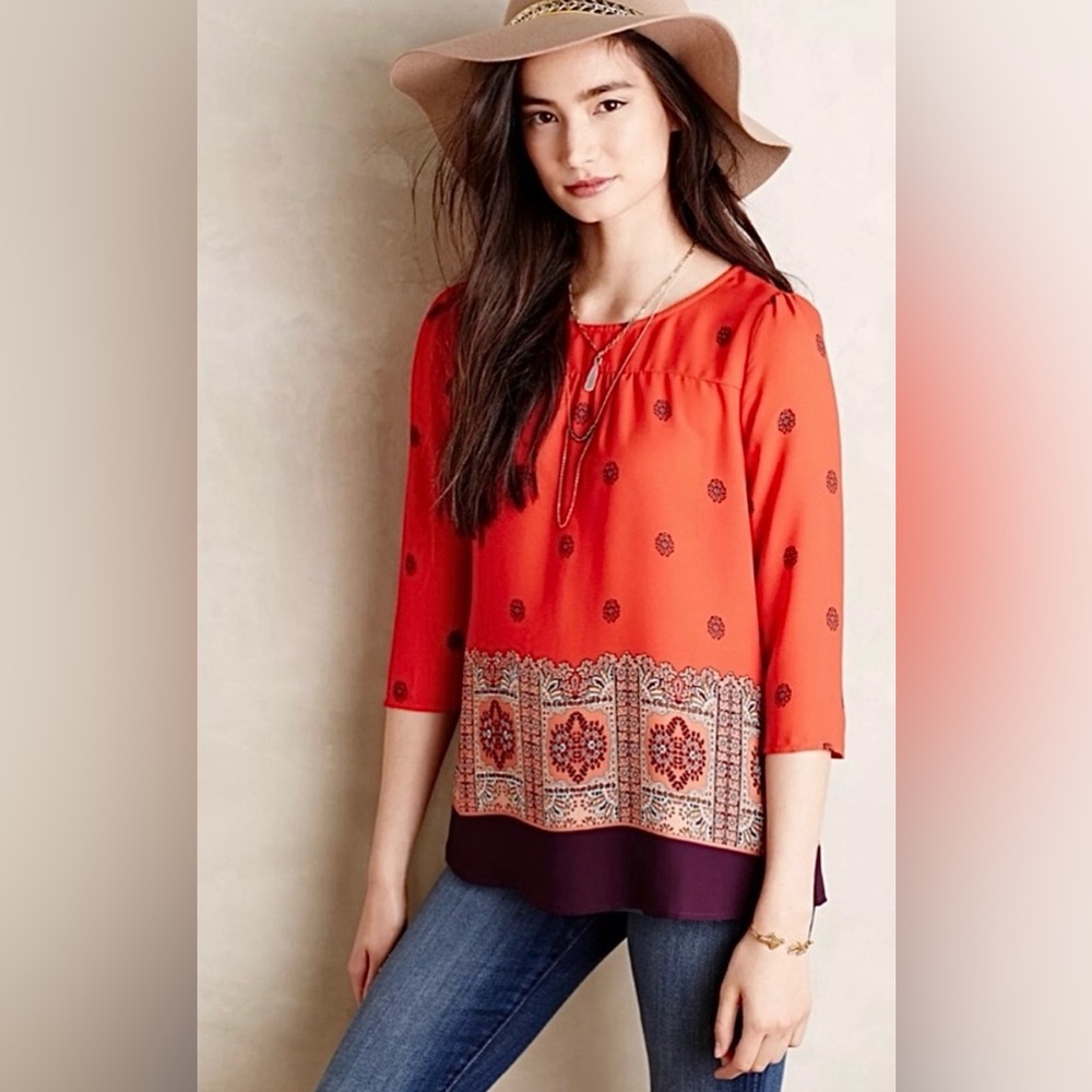Maeve Anthropologie Rila Bordered Blouse in Red Women’s size 4